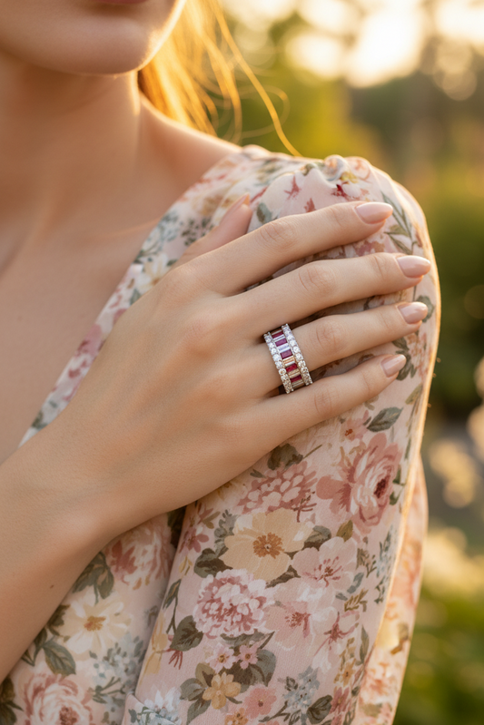 Triple-Row Ruby Baguette Silver Ring