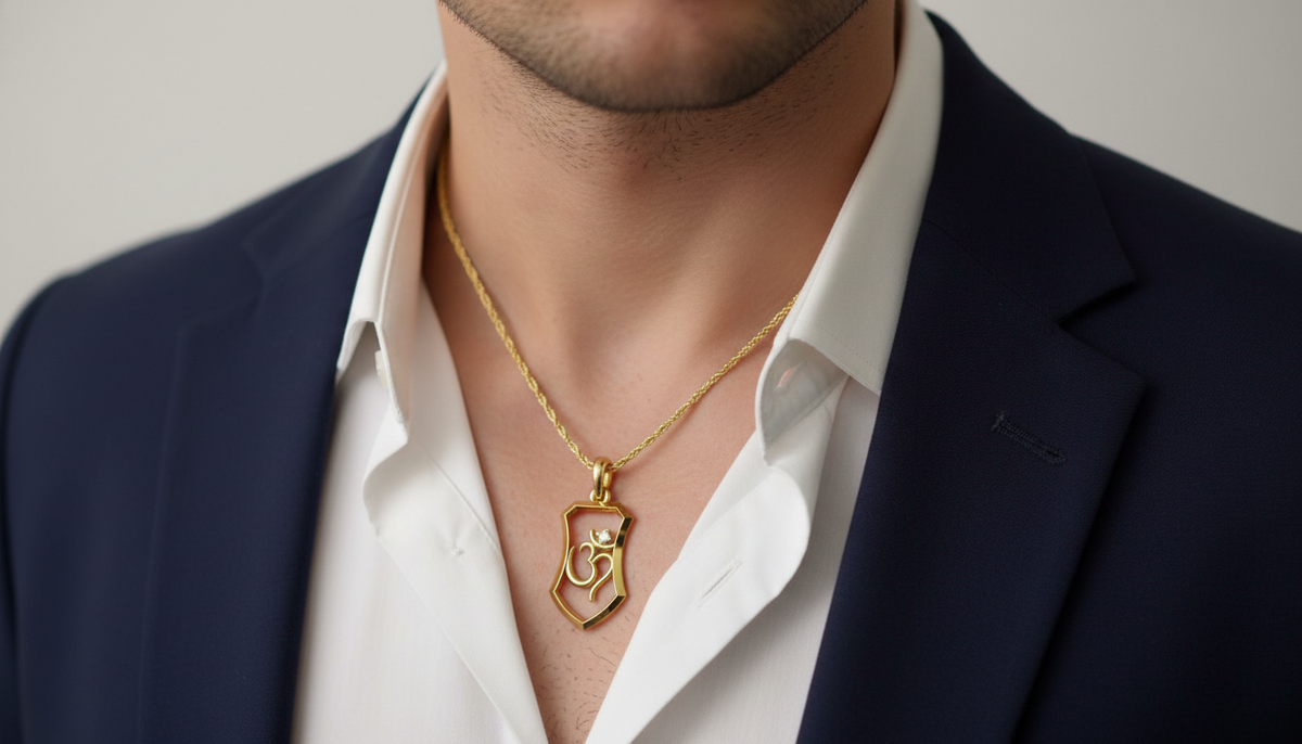 Gold Om Shield Pendant with Lab Diamond