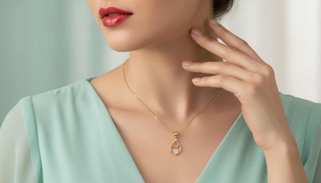Dainty Gold & Lab Diamond Open-Work Teardrop Pendant with Flower Accent