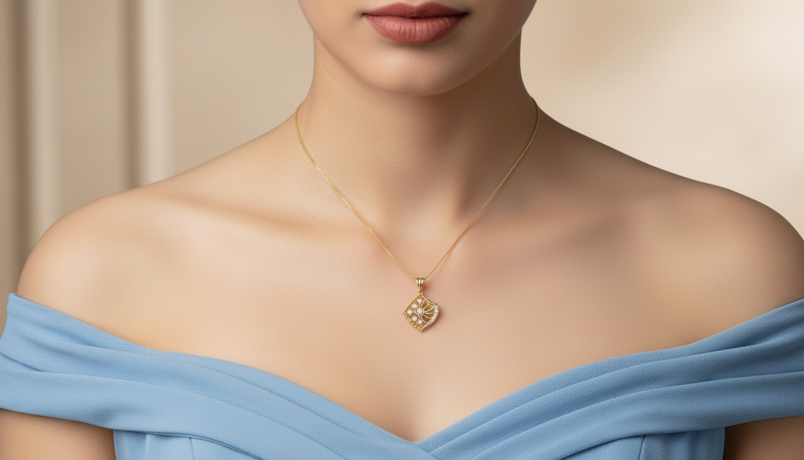 Modern Gold & Lab Diamond Finish Crystal Grid Design Pendant