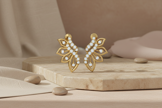 Classic Fern Foliage Gold & Lab Diamond Studs Earring
