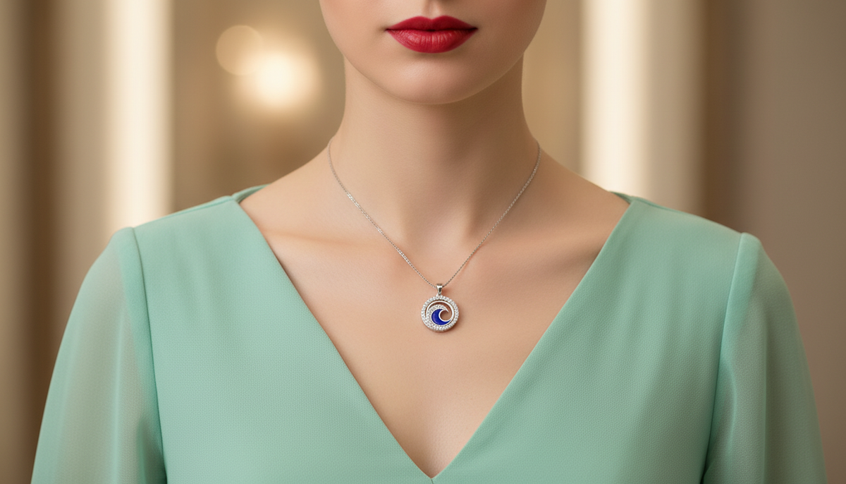 Blue Enamel Wave & Diamond Accent Pendant