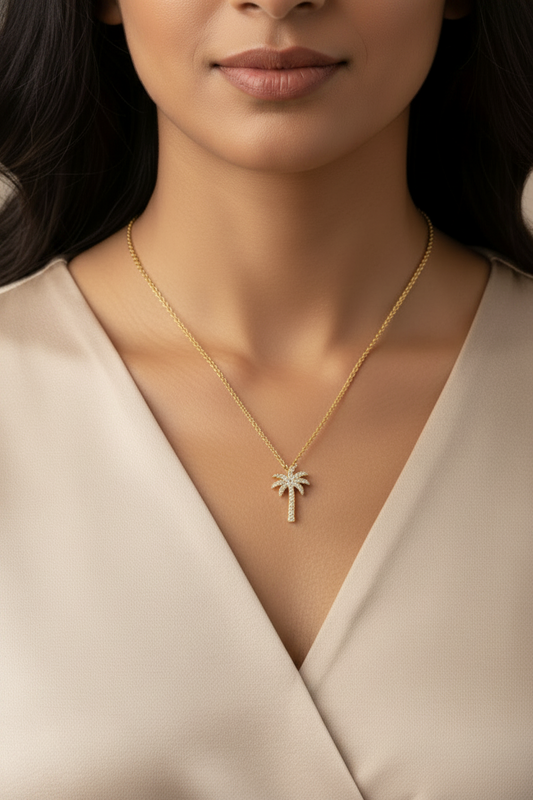 Dainty Gold & Diamond Coconut Tree Necklace With Chain