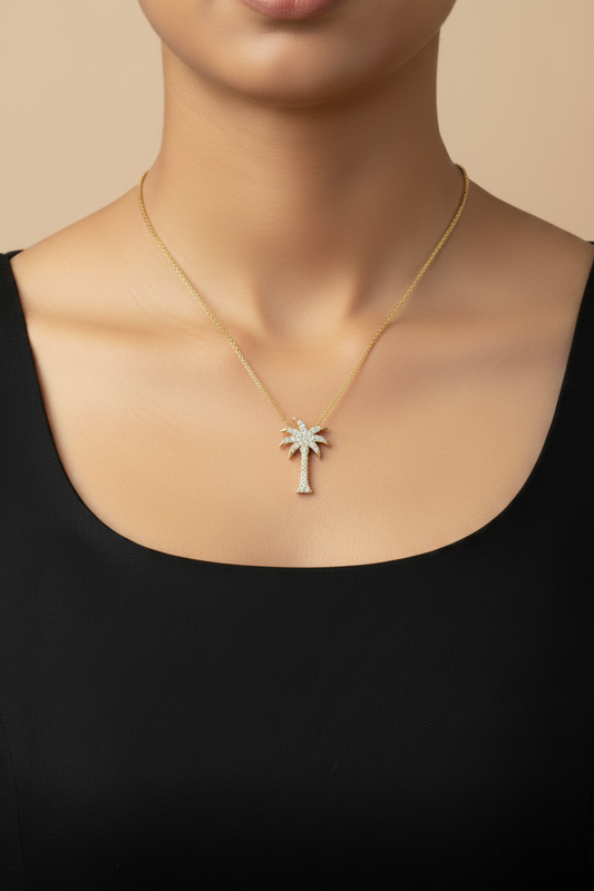 Modern Gold Finish Nautical Palm Tree Necklace With Chain