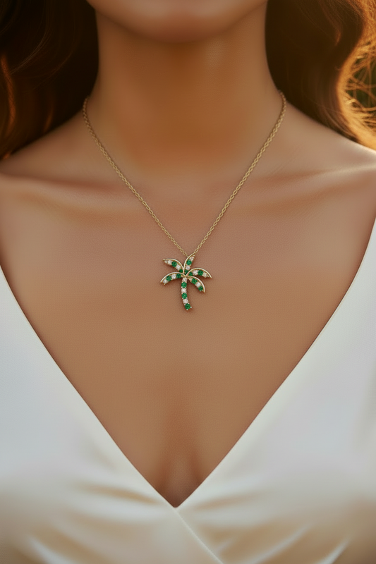 Tropical Palm Tree With Emerald Stone And Diamond Necklace with Chain
