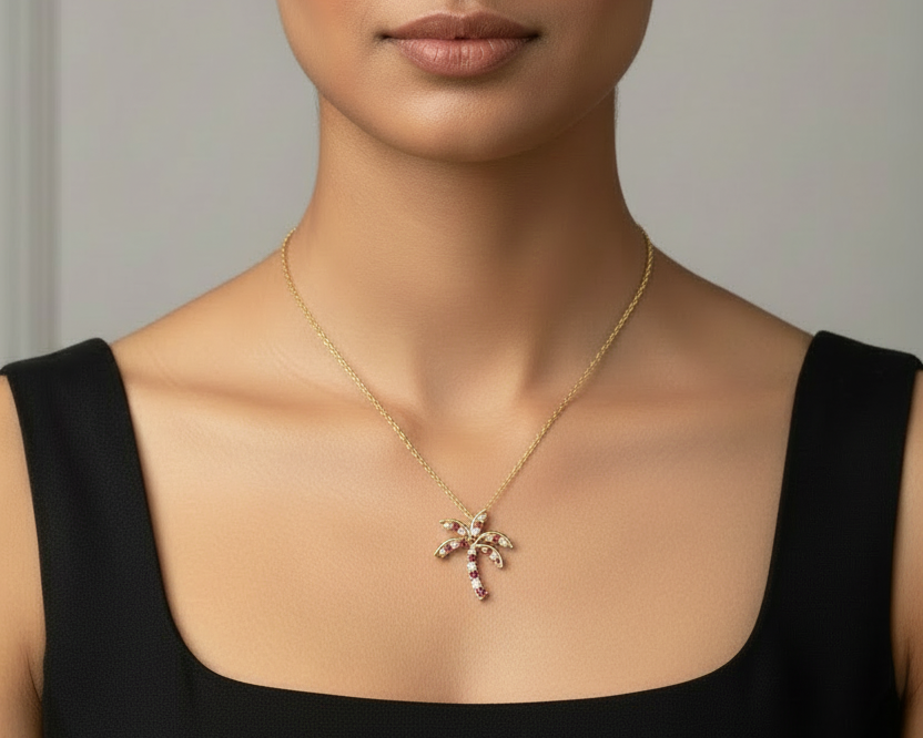 Tropical Palm Tree With Ruby Stone And Diamond Necklace with Chain