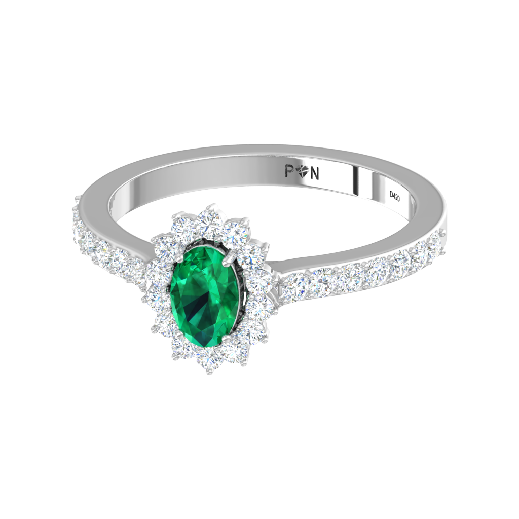 Oval Floral Emerald Halo Silver Ring