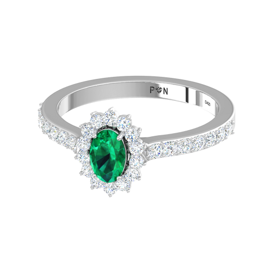 Oval Floral Emerald Halo Silver Ring