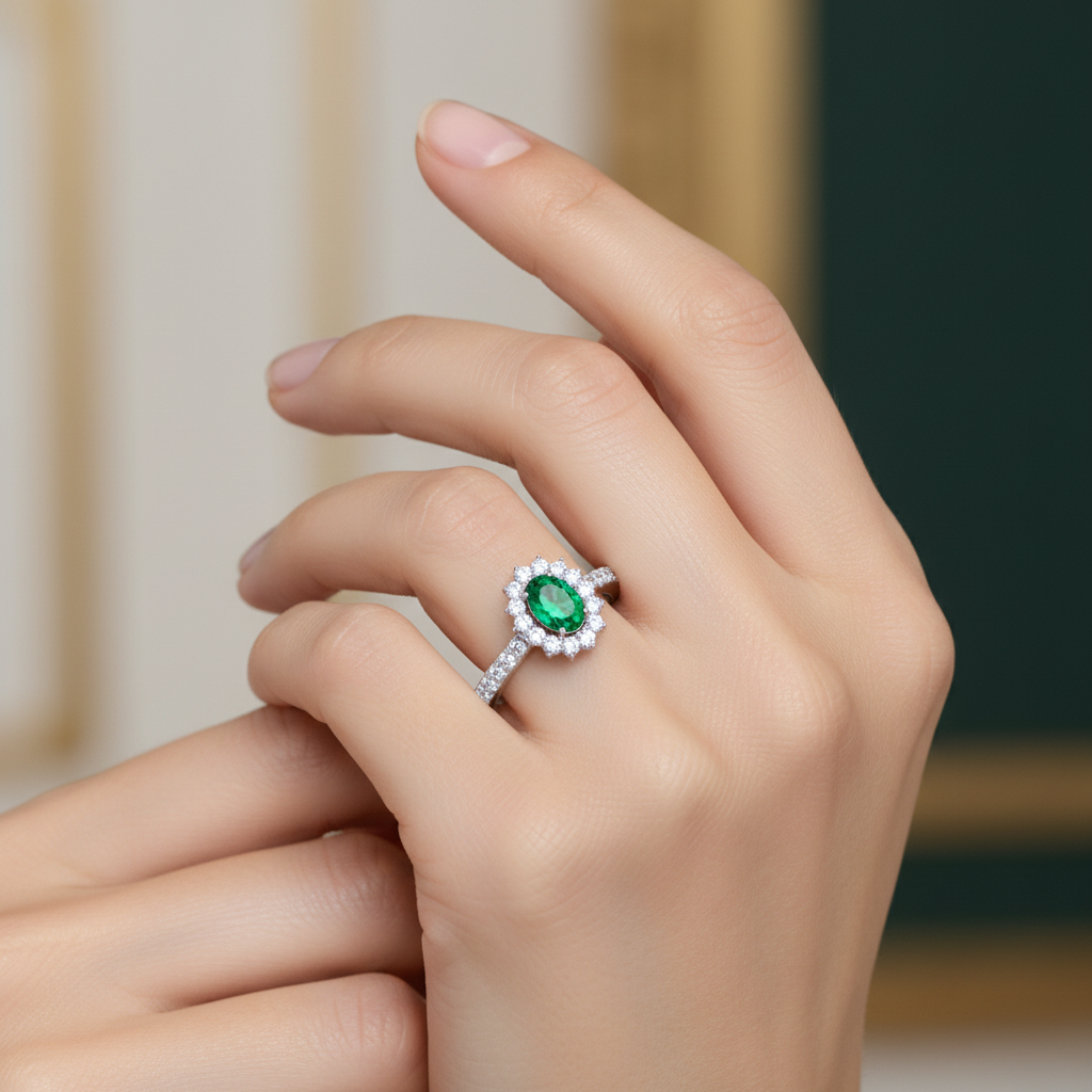 Oval Floral Emerald Halo Silver Ring