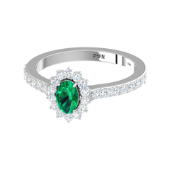 Oval Floral Emerald Halo Silver Ring