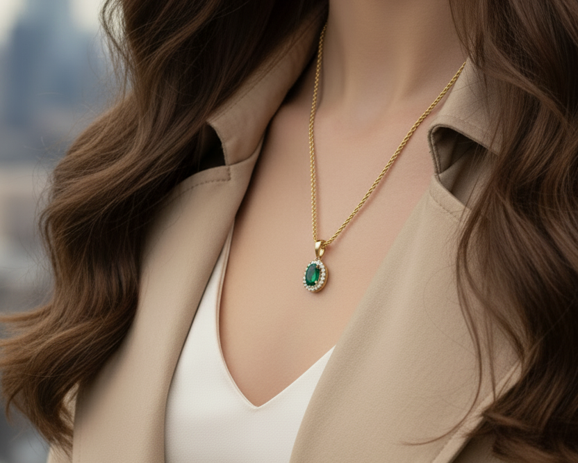 Oval Shape Emerald Diamond Pendant