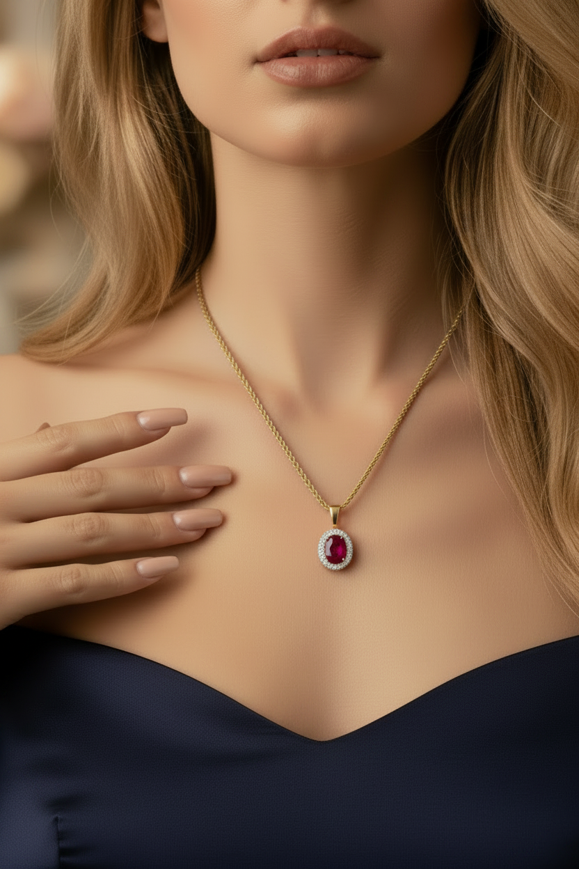 Oval Shape Ruby Diamond Pendant