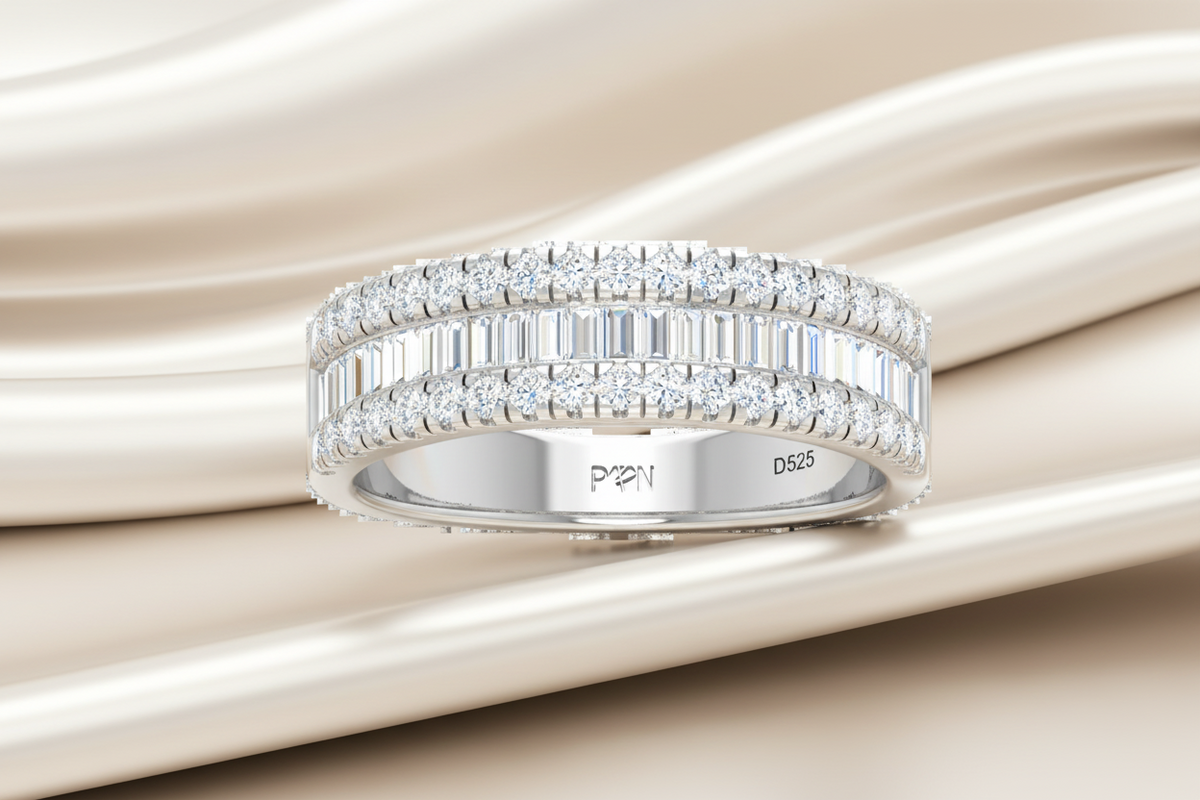 Three Row Baguette Cut and Round Diamond Dress Ring