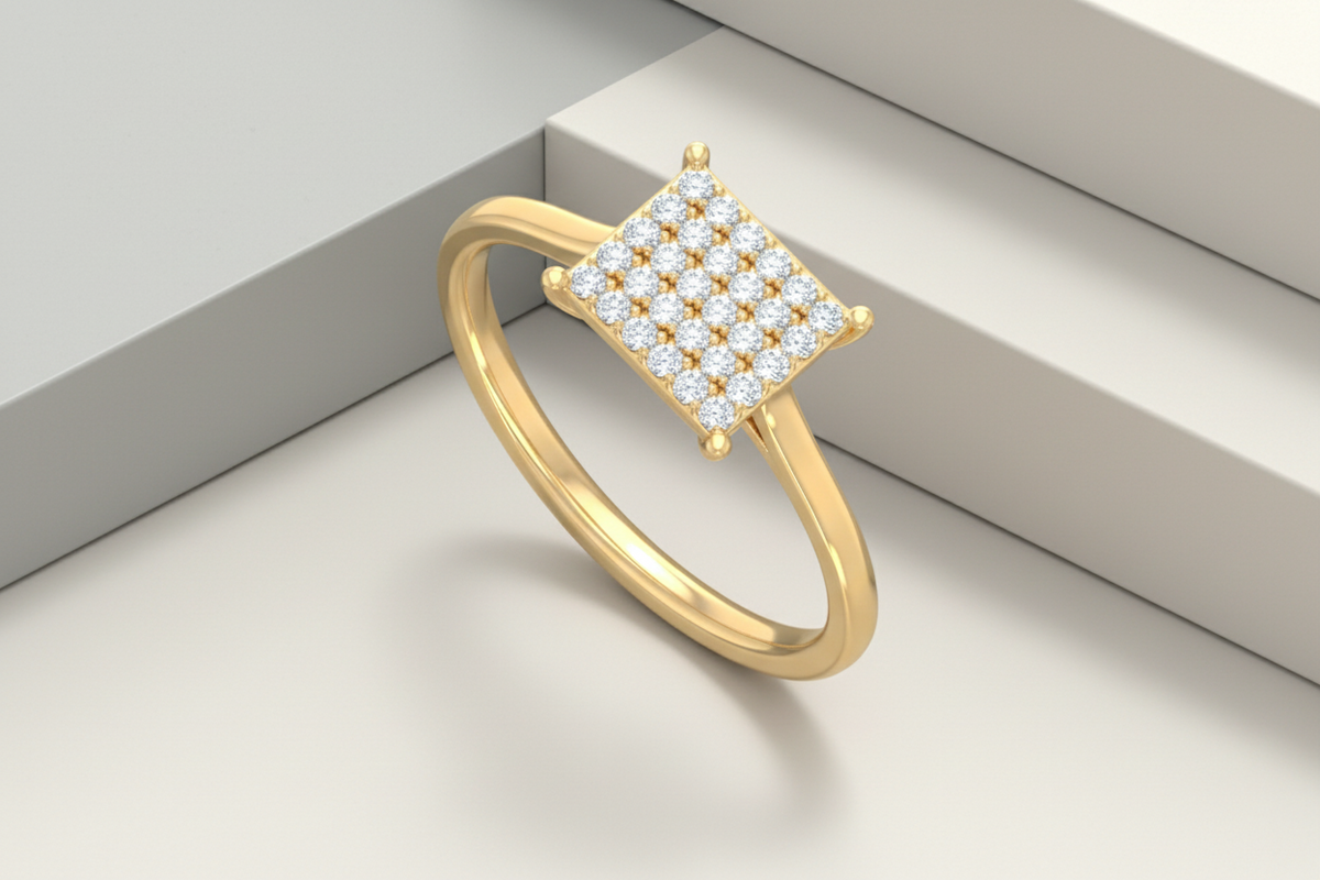 Geometric Round Diamond Cluster Ring