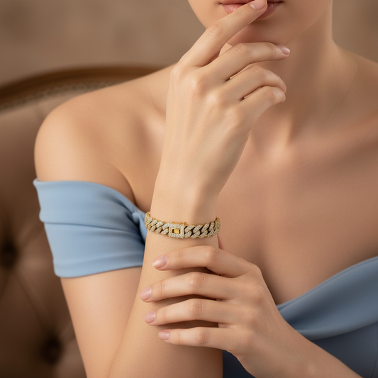 Raised Iced Out Cuban Bracelet in Gold