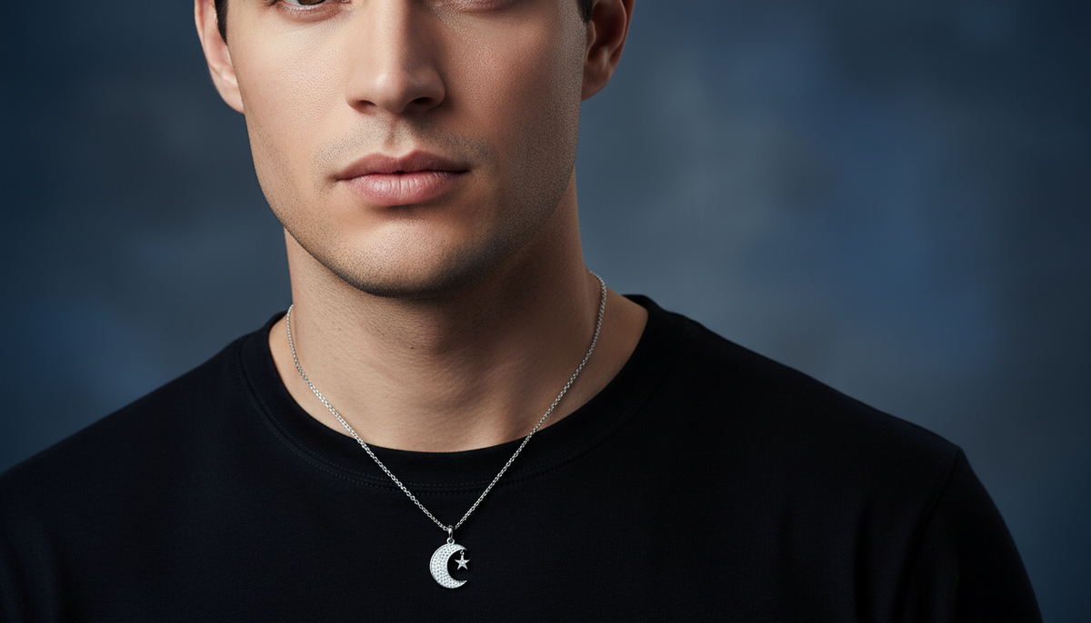 Sparkling Round Diamond Moon and Star Men's Pendant