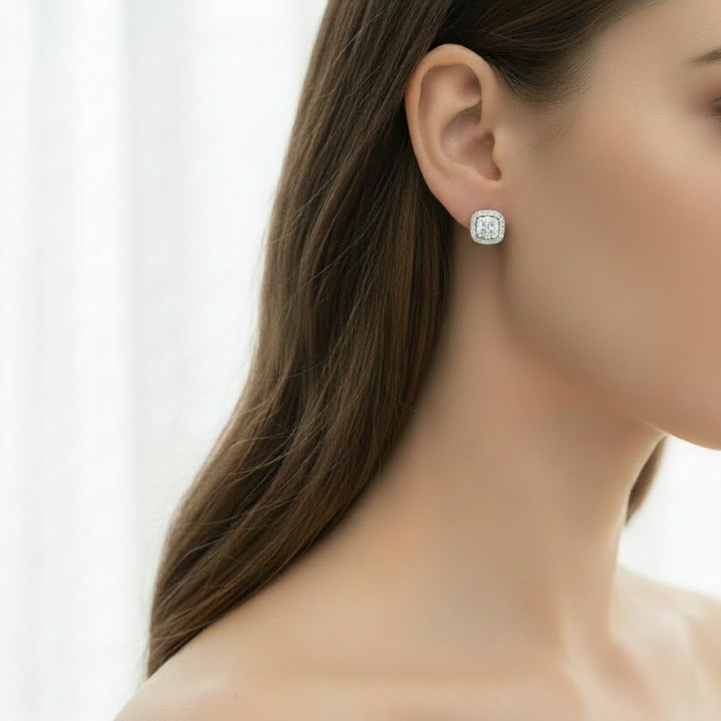 Diamond Illusion Cushion Cut Stud Earrings