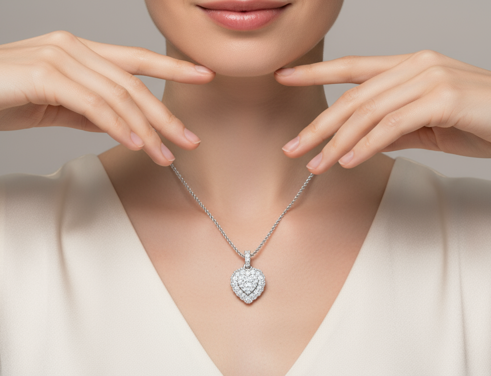Diamond Cluster Double Halo Heart Pendant