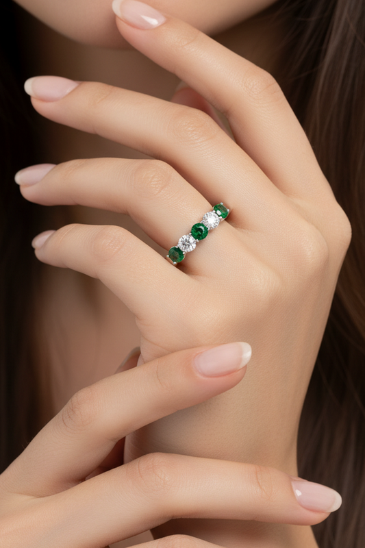 Nine Stone Emerald With Diamond Half Cttw