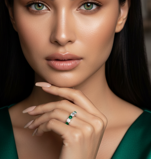 Nine Stone Emerald With Diamond Approx One Cttw