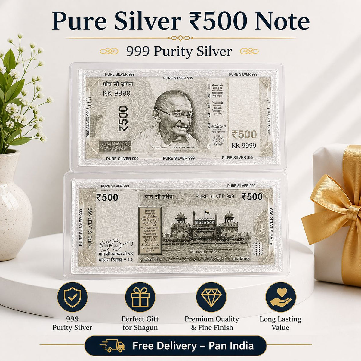 Pure Silver ₹500 Note (999 Purity) – Premium Silver Gift for Shagun, Wedding & Festive Occasions | Fine Finish Collectible