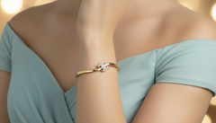 Unique Gold Wavy Bangle with Diamond Heart-Leaf