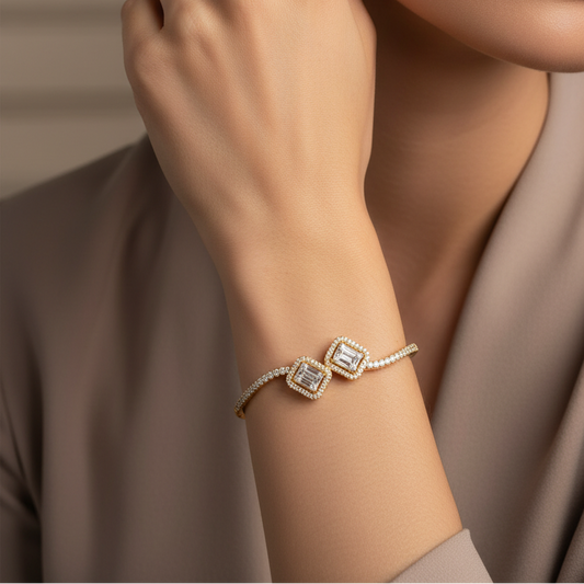 Gold Bangle with Baguette and Round Diamonds