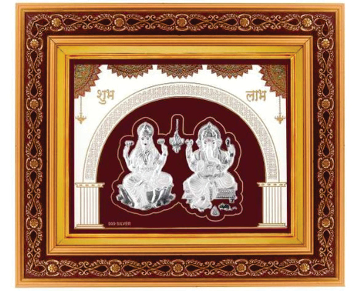 Laxmiji-Ganeshji Frame - 999 Pure silver , 9 x 10 Inch