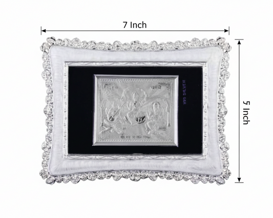Tri Murti Ganeshji-Laxmiji-Saraswati Frame - 999 Pure silver , 5 x 7 Inch